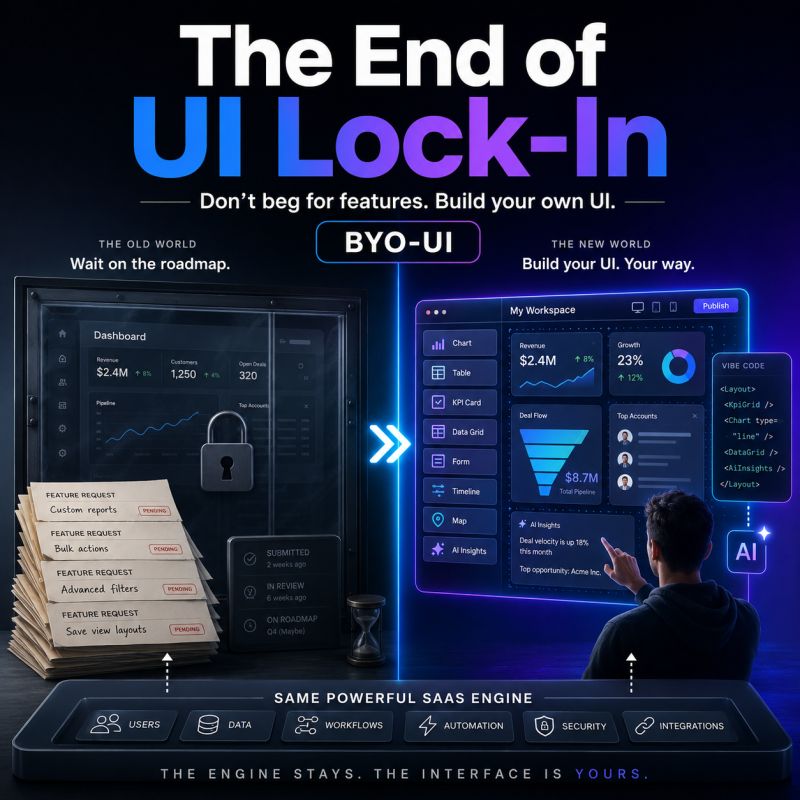 The End of UI Lock-In graphic contrasting a locked SaaS dashboard with a customer-built BYO-UI workspace over the same governed system.